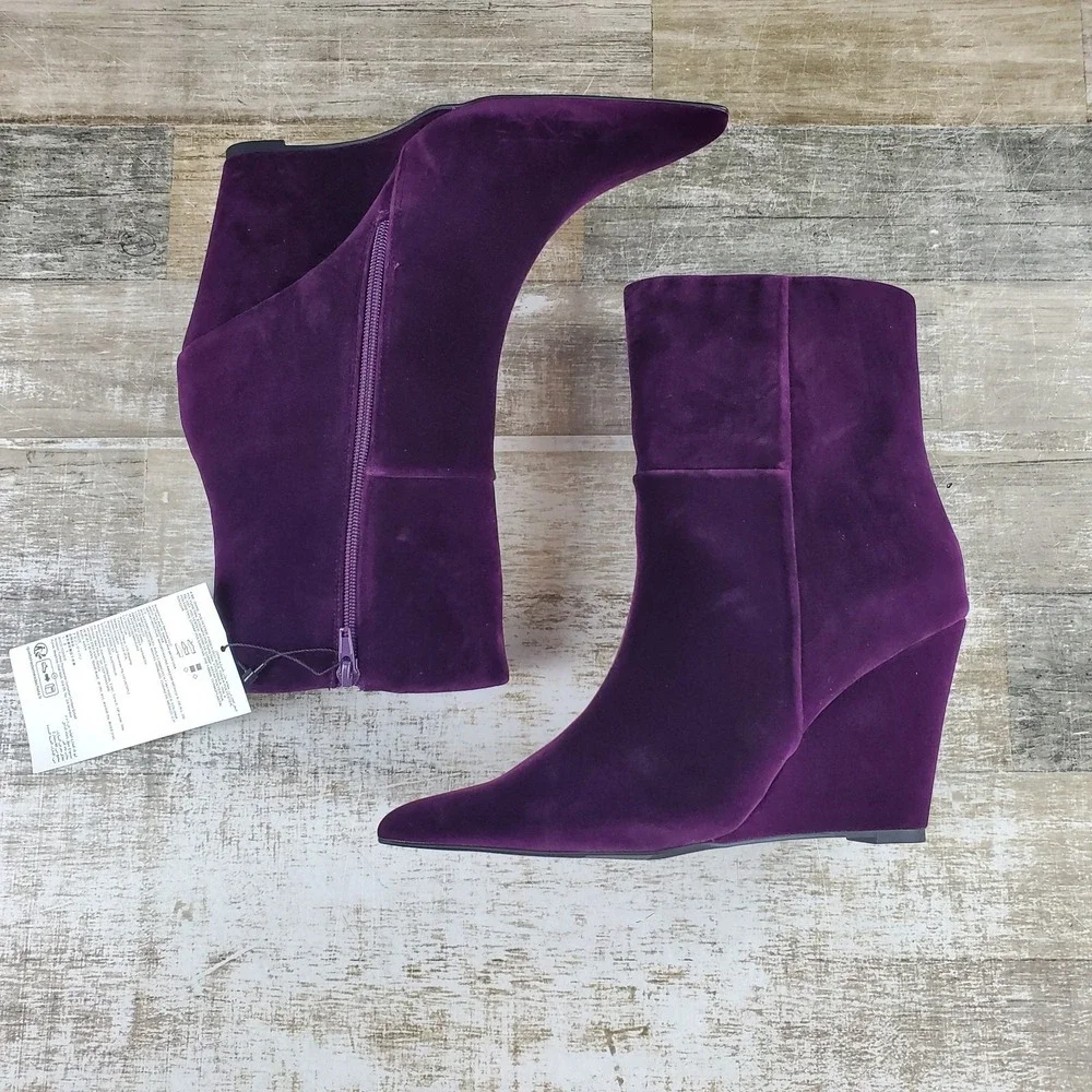 The Drop Gina Dark Purple Velvet Wedge Booties Womens Sz 10 Mid Shaft Boot